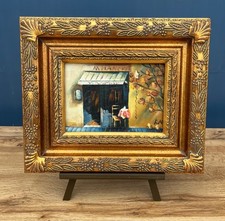 Ornate On Board Gold Gilt Framed Oil Painting French Shop Cafe Scene