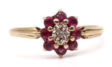 Dainty, Vintage, Ruby & Diamond 'Daisy' Cluster Ring, 9ct Gold, SIZE O½