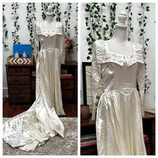 Vintage 40s Candlelight Liquid Satin Wedding Dress Ivory Beaded Train S/M