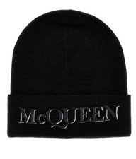 ALEXANDER MCQUEEN BLACK OVERSIZED EMBROIDERED LOGO BEANIE HAT SIZE L