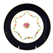George Jones Crescent China Round Plate 9" Floral Swags Wide Cobalt Border