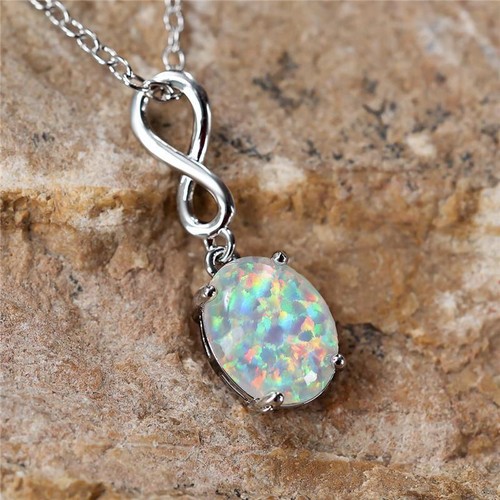 White opal fire oval pendant - white,