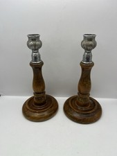 Pair of Vintage Wooden Candle Holders with Metal Leaf Tops 21 cm Rustic Style