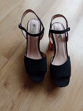 PRIMARK BLACK SUEDE EFFECT STRAPPY SANDALS CHUNKY WEDGE HEEL PLATFORMS SIZE 6