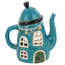 Village Pottery Blue Teapot House Tealight Holder Boxed JD340340