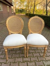 Chairs Pair French Louis XVI Gold Leaf Beech Wood Cane Back Upholstered Set