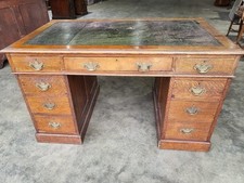 Antique Edwardian twin pedestal oak writing desk slope