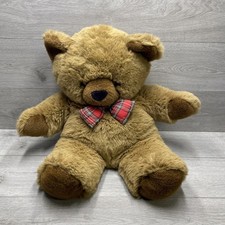 Large Vintage Brown Teddy Bear Red Tartan Bow Soft Plush Toy 28” Tall x 24” Wide