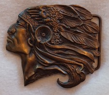 SOLID BRASS NATIVE AMERICAN INDIAN CHIEF, IN FULL HEADDRESS, BELT BUCKLE