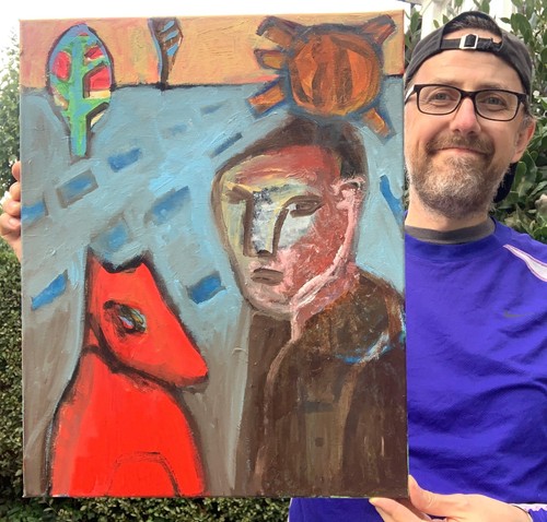 Man and dog oil - dog, portrait