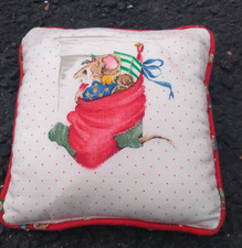 Vintage Mini Throw Pillow Christmas Themed Mouse Stocking Red 8 x 8 Inch