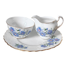Royal Vale  Blue Cornflower Milk Jug Bowl & Cake Plate 7513 Bone China Vintage