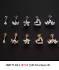 Crystal Tragus Helix Cartilage Stud Earring Flat Back Labret 16g 6mm 8mm Silver