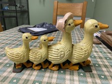 Vintage Painted Metal Cast Iron Duck Geese Family Door Stop Weight  Heavy