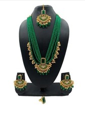 Green Multi-Layer Beaded Necklace Set With Earrings, Mang Tika and Ring.