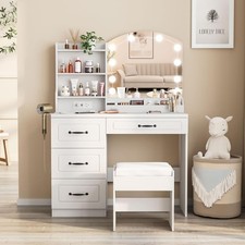 39.4in Makeup Vanity DeskLights and 4 Drawers  White Vanity Set Makeup Table