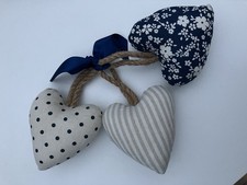 Set Of 3  New Fabric Hearts, Blue /creams, Rope Hanging, Country Rustic,padded