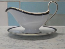 Spode Lausanne Blue White Gold Edge Gravy Boat Sauce Boat With Under Plate