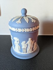 WEDGEWOOD BLUE,JASPERWARE,CANDY/CIGARETTE JAR WITH LID..GREAT CONDITION