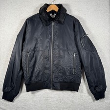 Topman Men’s Bomber Jacket Size M Black Faux Fur Collar Zip Pocket Flight Coat