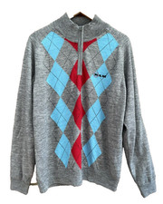 RAM Men's Grey Diamond Check GOLF  1/4 Zip Jumper Sweater Pullover Size XL