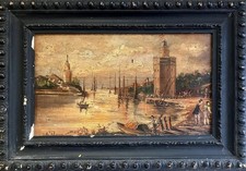 Antique Oil Painting SPANISH OLD MASTER Golden Age Torre del Oro Seville SIGNED