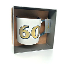 60th Birthday Mug in Gift Box | Embossed 60th Gold Detailing with Birthday Tag
