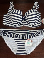 Ladies Navy Blue & White Floozie Frost French Bikini Top 36D Bottoms Size 16