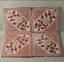 ANTIQUE SET 4 VICTORIAN POTTERY TILES PINK FLORAL DESIGN