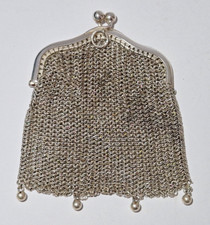 ANTIQUE ALPACA SILVER CHAINMAIL MESH BEADED CHATELAINE COIN PURSE 9.5 cm