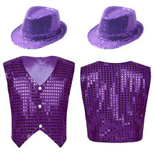 Boys Girls Sparkly Choir Jazz Dance Waistcoat Vest with Hat Modern Party Costume
