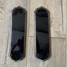 PAIR BLACK PORCELAIN CERAMIC DOOR FINGER PUSH PLATES GILT EDGING 
