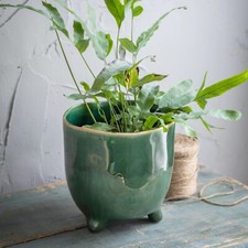 Forest Green Crackle Glaze Positano Ceramic Plant Pot Cover with Feet, Planter 