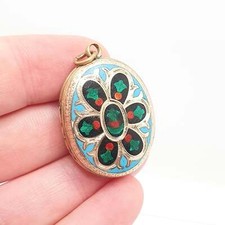Antique Victorian 9ct 9k Gold Locket Enamel Necklace Pendant Blue Black Green