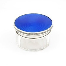 Antique Sterling Silver Guilloche Enamel Cut Glass Dressing Table Jar / Box