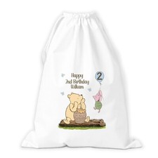 Personalised Birthday Winnie the Pooh, Blue or Pink, Gift Sack, Drawstring Bag