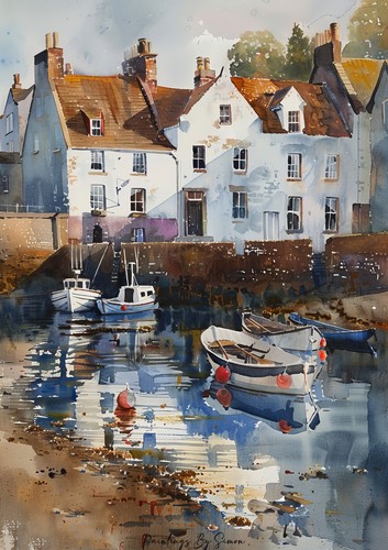 Tranquil watercolor harbor - tranquil,