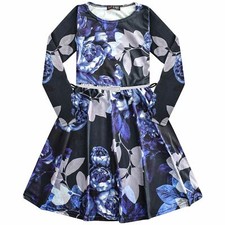 Kids Girls Skater Dress Long Sleeves Floral Print Party Fashion Summer Dresses