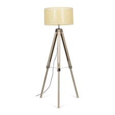 Tripod Floor Lamp Light Wood & Chrome XL Wicker Effect Lampshade Shade LED Bulb