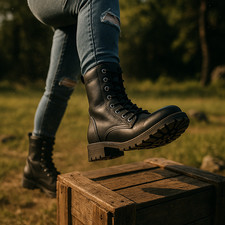 Ladies Womens Ankle Boots Chunky Lace Grip Studded Heel COMBAT FASHION SHOES UK