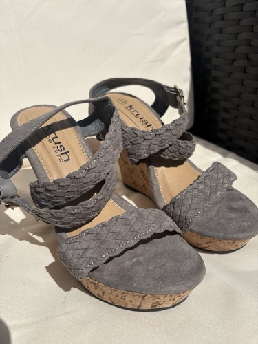 Gray suede wedge sandals with