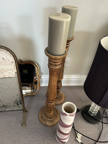Wooden candlestick pair - wooden,