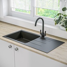Single Bowl Inset Black Granite Composite Kitchen Sink with Reversible Drainer