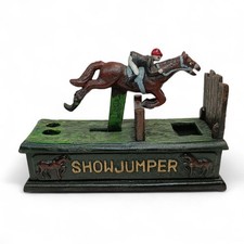 Vintage Mechanical Cast Iron Horse Show Jumper Money Box Hand Painted Heavy Item