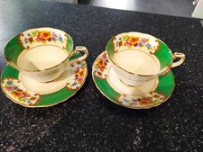 ALLERTON & SON x 2 TEA CUPS & SAUCERS (Green Georgian pattern 1930's)
