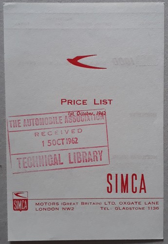 Simca price list - price,
