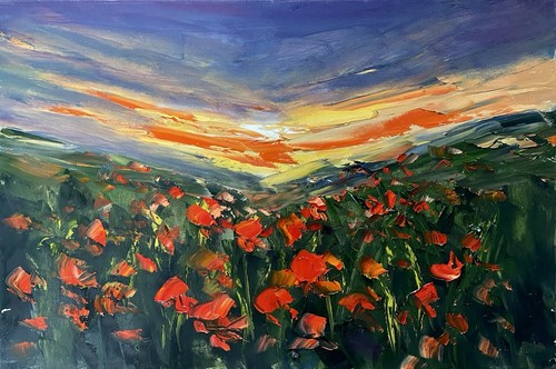 Poppy field sunset painting - poppy,