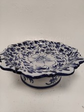 Vintage Blue and White Floral Ceramic Pedestal Cake Stand Dish Plate Preloved 