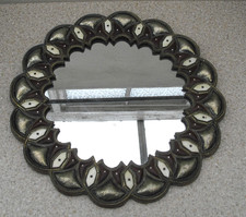 Vintage indian ethnic artisan vintage brass silver wooden circular ornate mirror