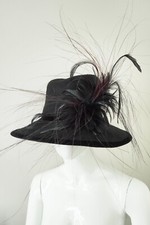 RACHEL TREVOR-MORGAN black felt hat feathers Royal Ascot Queens milliner 56cm